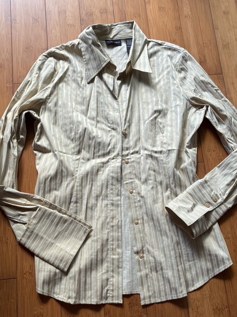 New York & Company Light Tan and White Striped Button-Front Shirt